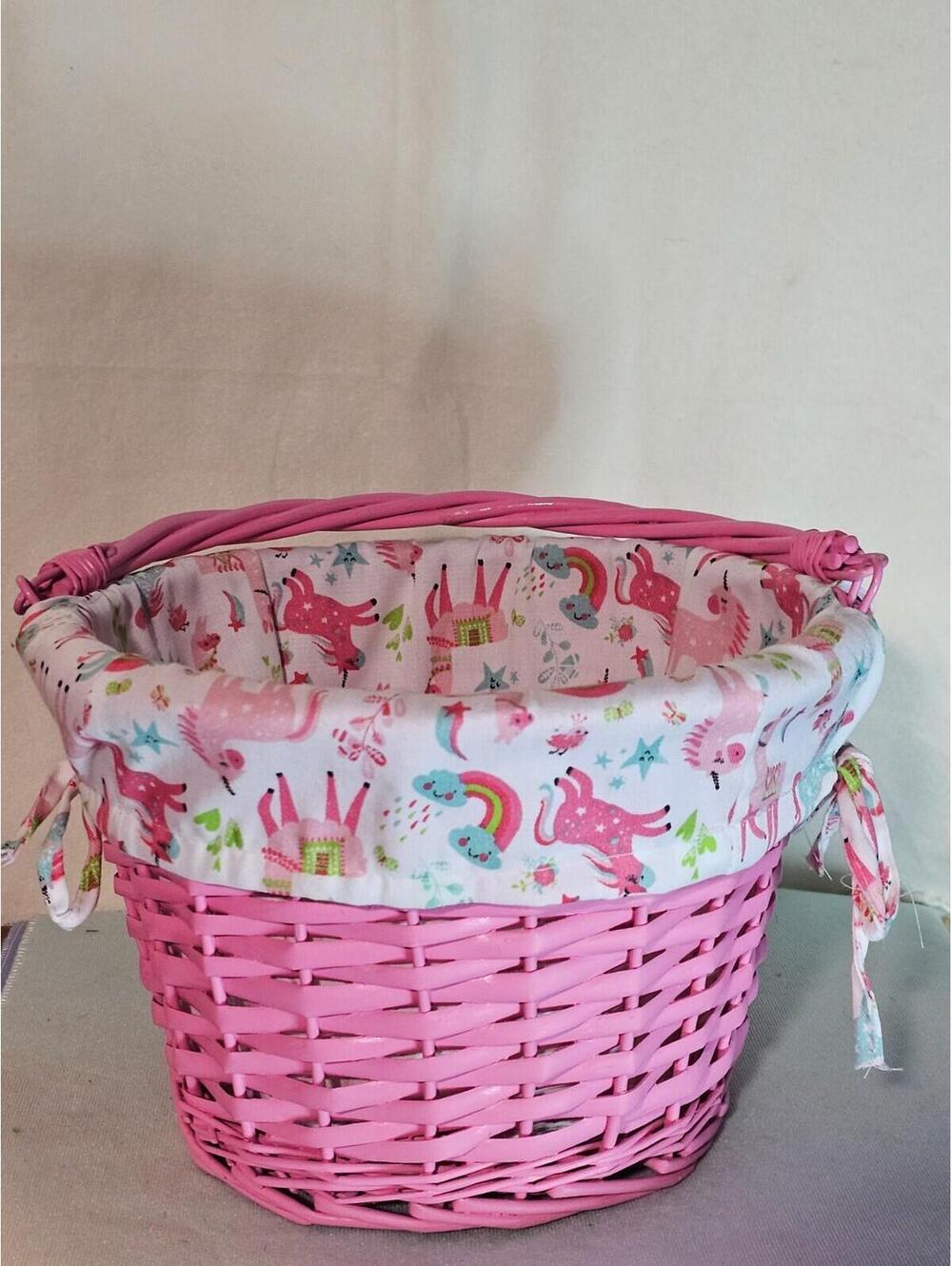 Pink Wicker Basket with Unicorn Liner – Kids, Easter, Gift, Storage